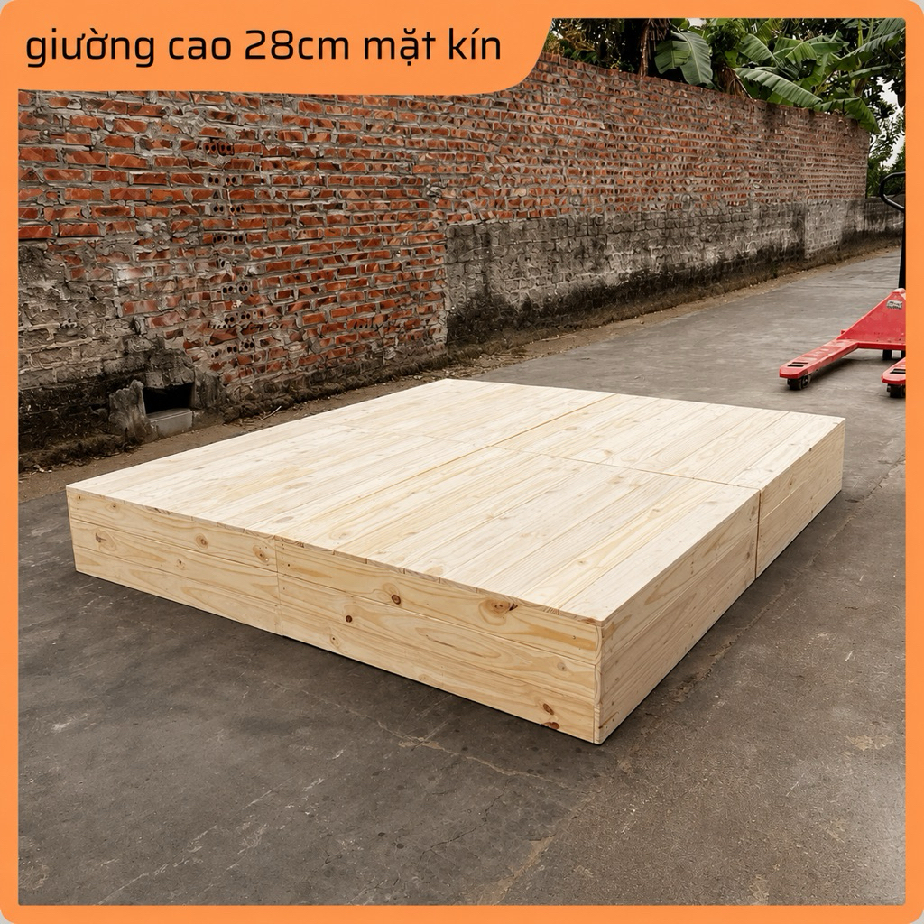 Giường pallet gỗ thông cao 28 cm mặt kín  từ 1m2x2m, 2m2x2m