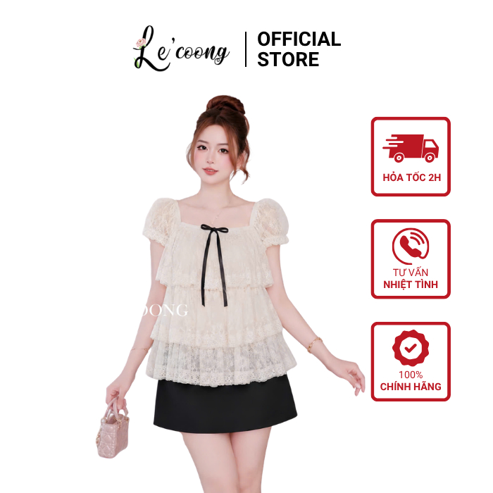 Set Áo Tiểu Thư Ren Hoa Đính Nơ Đen LECOONG A32 CV32  Chân Váy Dáng A Tôn Dáng Sang Chảnh