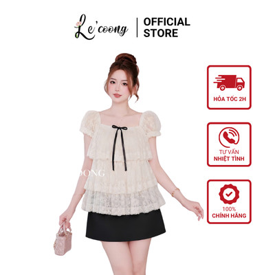 Set Áo Tiểu Thư Ren Hoa Đính Nơ Đen LECOONG A32 CV32  Chân Váy Dáng A Tôn Dáng Sang Chảnh