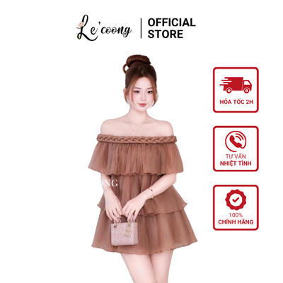 Váy Voan Tơ Xếp Tầng Trễ Vai LECOONG A33 Váy Đẹp Màu Be Nâu Sang Chảnh Có Quần Bảo Hộ