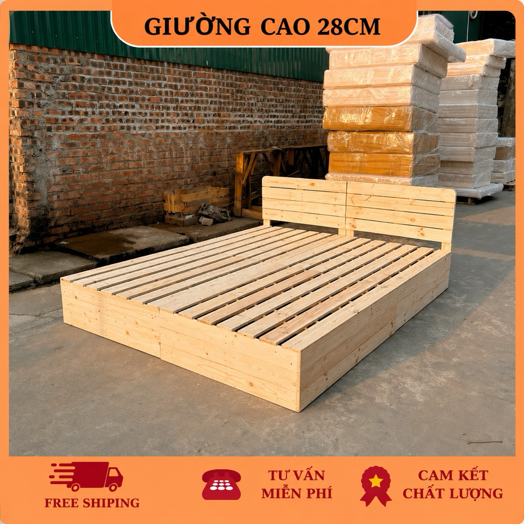 Giường pallet gỗ thông cao 28 cm  từ 1m2x2m, 2mx2m