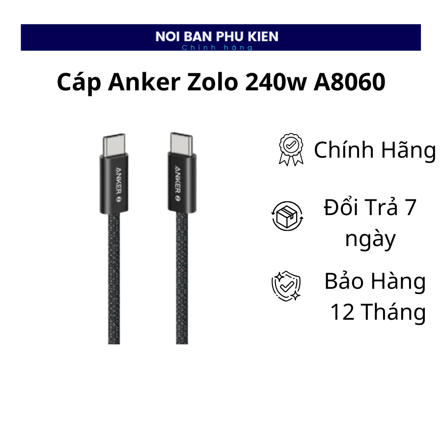 Cáp Sạc Nhanh Anker Zolo A8060 USB-C to USB-C 240W PD 3.1 Chip E-Marker Dây Bện Cao Cấp Chính Hãng A
