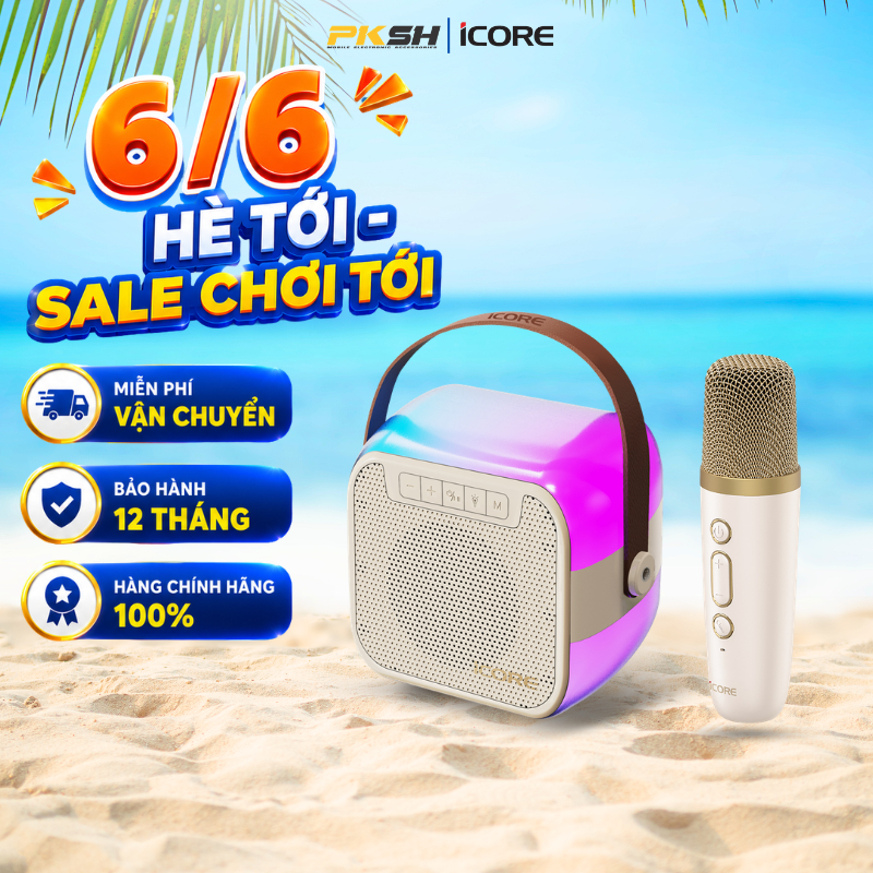 Loa karaoke mini bluetooth iCore ISM59 Kèm 1 Micro không dây - Âm thanh chất lượng, đèn RGB - HÀNG C
