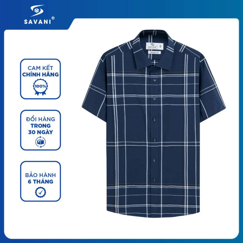 Áo Sơ Mi Nam Ngắn Tay Kẻ Caro Bamboo SAVANI Dáng SmartFit, Kháng Khuẩn Khử Mùi, Không Nhăn MSSA087S6