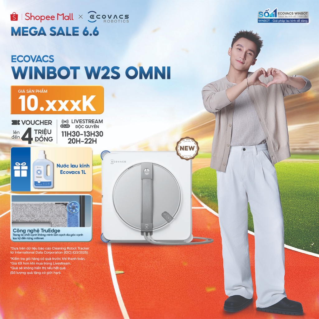 Robot lau kính Ecovacs Winbot W2S Omni 2027 - Trạm đa năng - Chống rơi an toàn