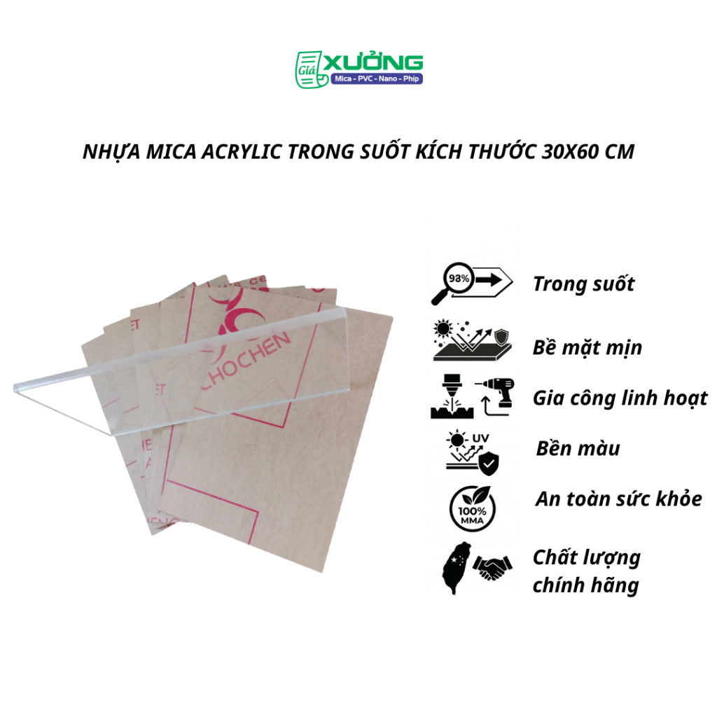[30x60cm] Tấm Nhựa Mica Acrylic Trong Suốt Đài Loan Cắt Laser Kích Thước 30x60cm Độ Dày 2mm-10mm