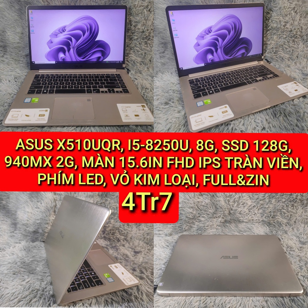 ASUS X510UQR, I5-8250U, 8G, SSD 128G, 940MX 2G, MÀN 15.6IN FHD TRÀN VIÊN, VỎ KIM LOẠI, FULL&ZIN