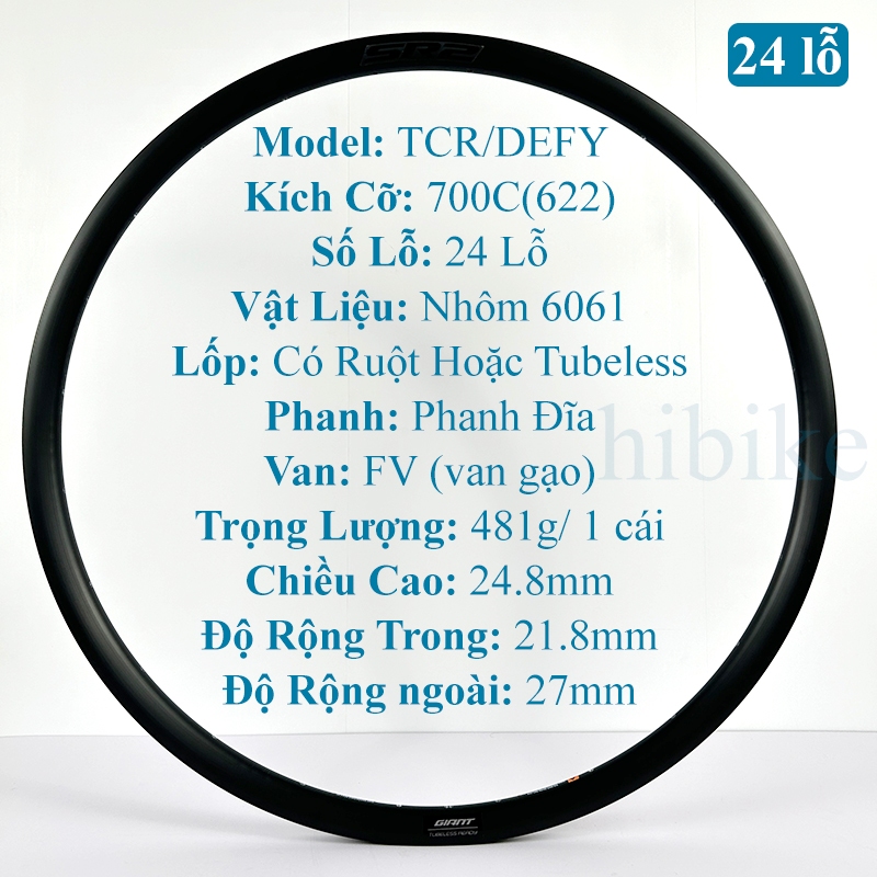 Niềng Nhôm Xe Đạp Giant TCR DEFY 700C 24 Lỗ - Phanh Đĩa Vành Xe Đạp