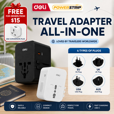 Travel Adaptor Ổ Điện Du Lịch DELI 5-Port Power Adapter with 1 AC, 2 USB-A, and 2 USB-C Ports, Smart Temperature Contro