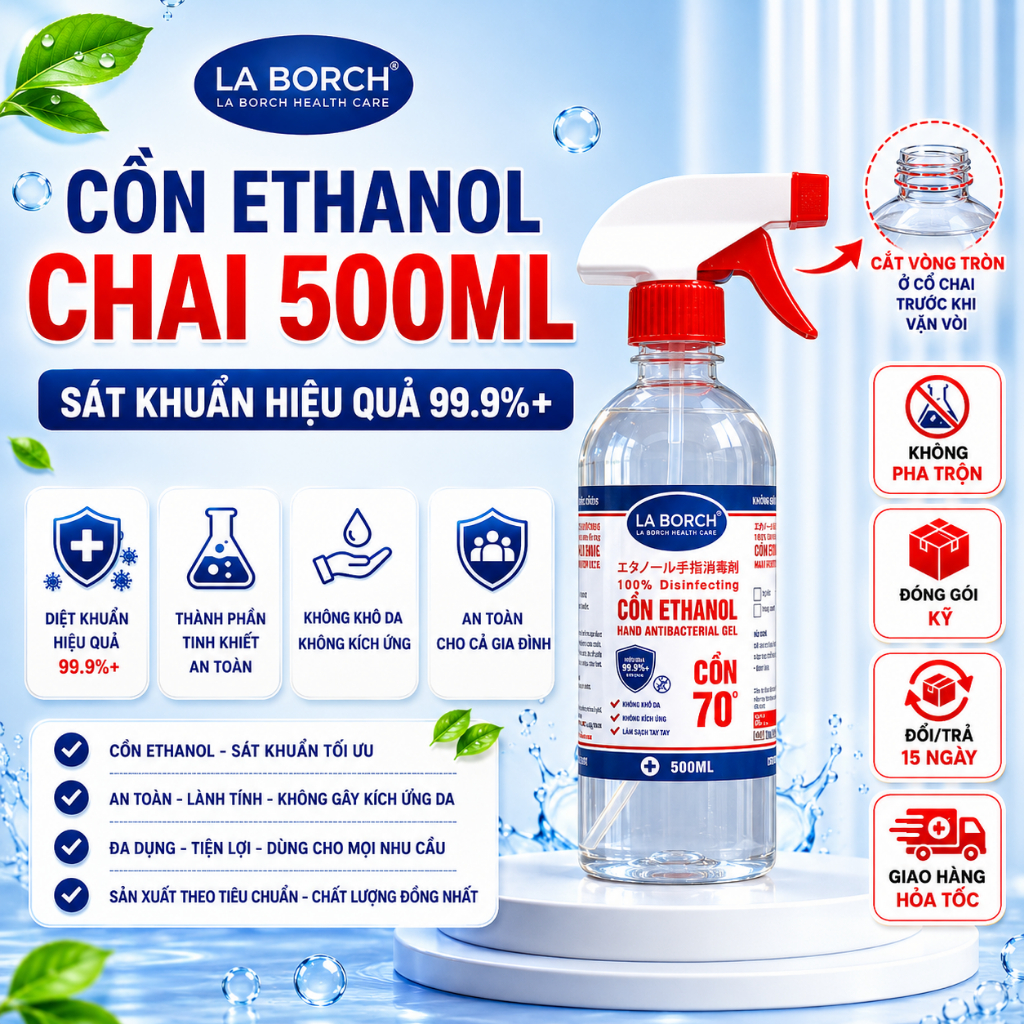 [CHAI 500ML Có Vòi Xit] Cồn Y tế Sát Khuẩn Ethanol LABORCH Chai 500Ml 70 90 96 Độ