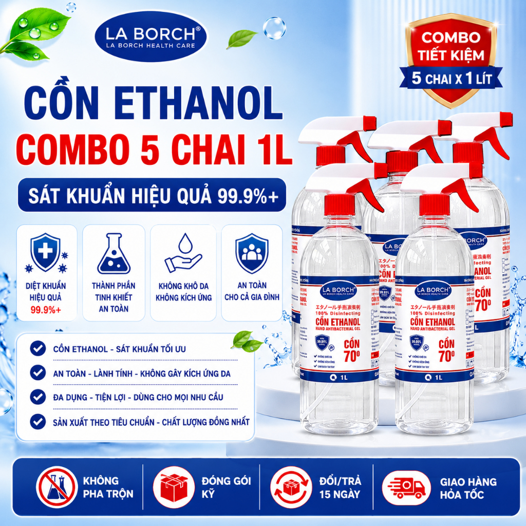 [COMBO 5 CHAI 1L] Cồn Y tế Xịt Khuẩn Ethanol LaBorch Chai 1L 70 Độ 90 Độ 96 Độ Có Vòi Xịt