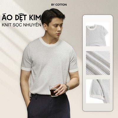Áo Thun Nam Cao Cấp Dệt Kim Cổ Tròn Knit Sọc Nhuyễn Trắng Kem - BY COTTON