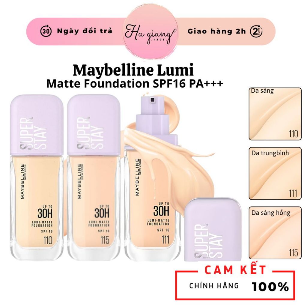 Kem nền Maybelline Superstay Lumi Matte 30H Foundation che phủ nhẹ mặt, Kem nền Maybelline nắp tím c
