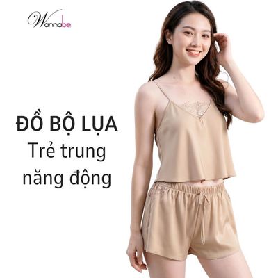 Đồ bộ mặc nhà lụa WANNABE đồ bộ quần sọt áo croptop 2 dây cổ áo phối ren thêu Nhật nhẹ nhàng BSS62