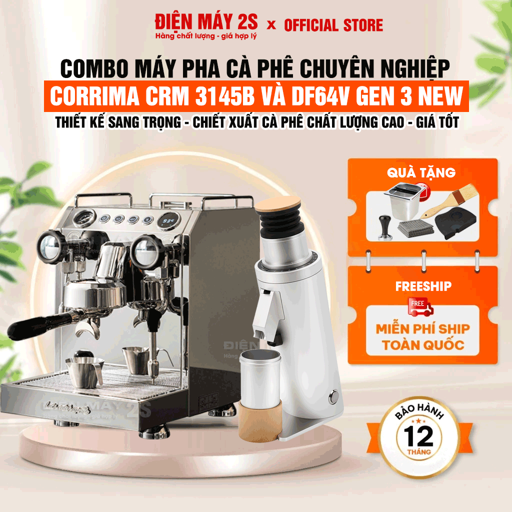 [HCM-Có VAT] Combo Máy Pha Cà Phê Corrima 3145B Và Máy Xay Cà Phê DF64V Gen 3 Lưỡi Dao Red Titanium 