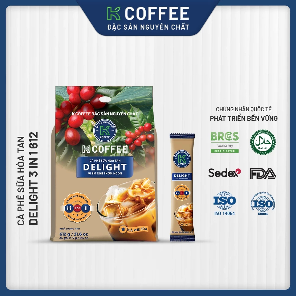 Cà phê sữa hòa tan K Coffee Delight 3in1 612g Túi 36 gói [Combo 3]