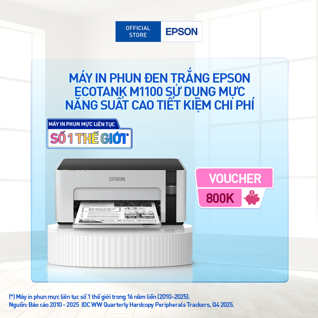 Máy In Phun Đen Trắng Epson EcoTank M1100 Sử Dụng Mực Năng Suất Trang Cao Tiết Kiệm Chi Phí