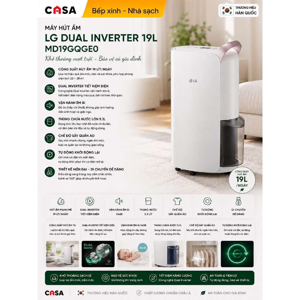 Máy Hút Ẩm LG Dual Inverter 19L MD19GQGE0