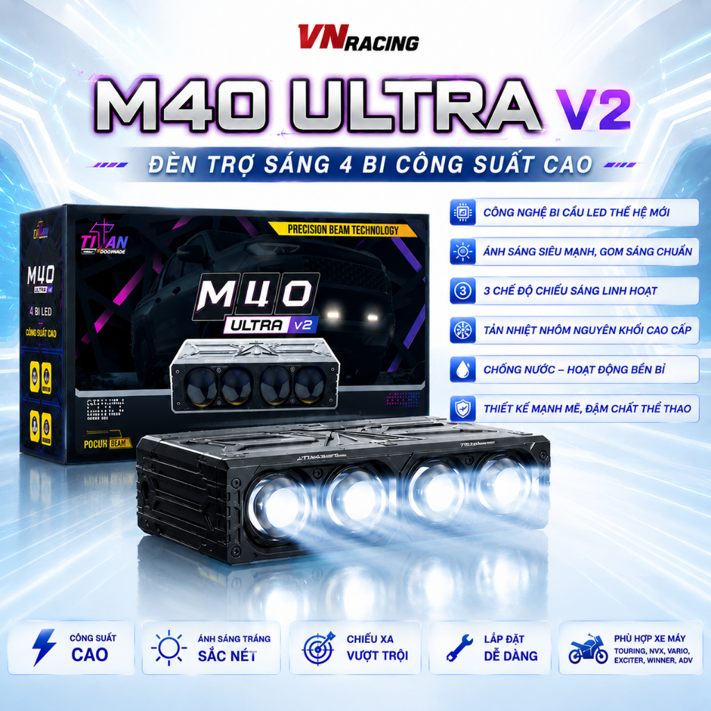 Đèn Trợ Sáng Bi LED M40 Ultra V2 4 Bi Cầu Siêu Sáng , Chiếu Xa Mạnh Mẽ , Chống Nước Cao Cấp