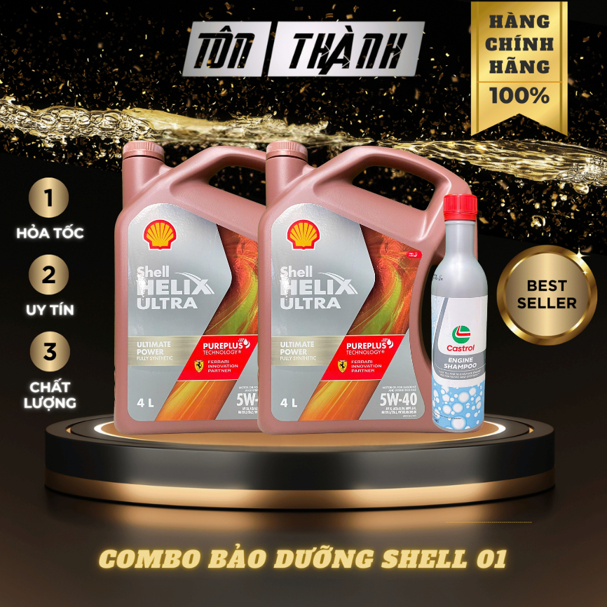 [ Combo bảo dưỡng ] 2 Bình nhớt động cơ Shell Ultra 5w40 API SQ/ACEA  A3/B4 + Súc động cơ Castrol