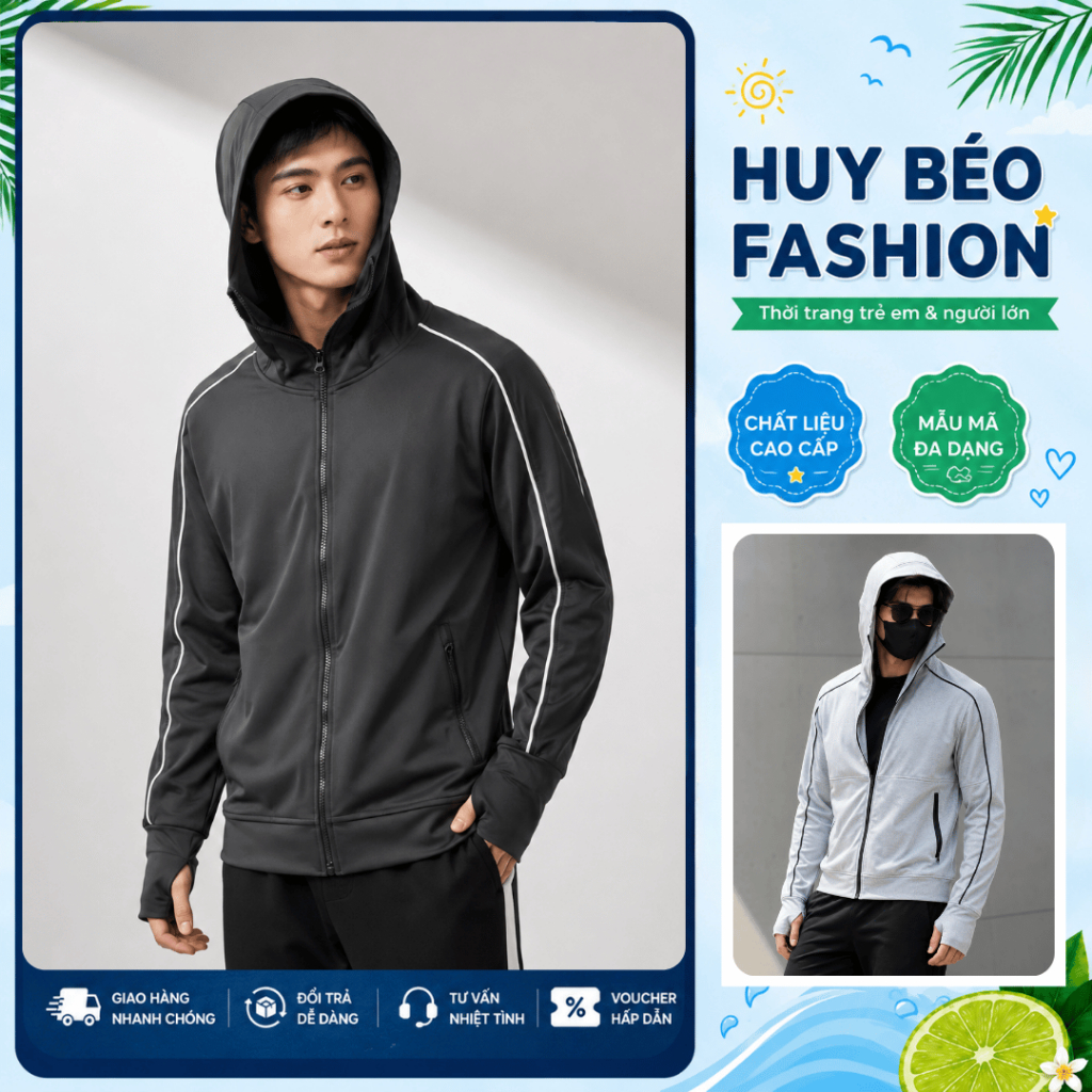 [45-85 kg] Áo Chống Nắng NAM Hoodie zip lé tay chất Mì nỉ dày dặn co dãn, Ngăn ngừa tia UV. Menswear