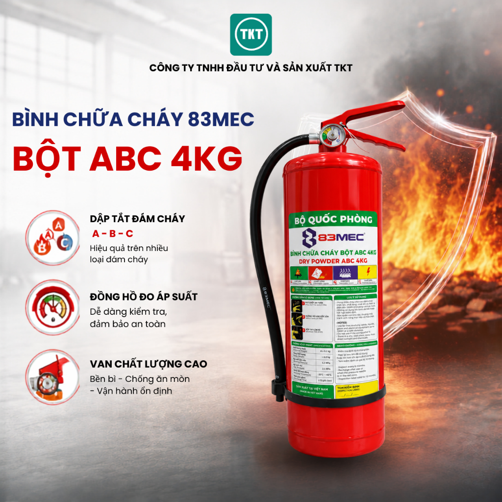 Bình chữa cháy bột ABC 4kg Bộ Quốc Phòng 83MEC F4 dập tắt đám cháy, hỗ trợ cứu hoả