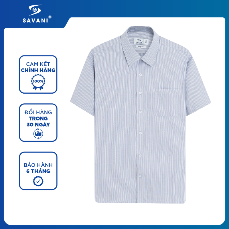 Áo Sơ Mi Nam Ngắn Tay Kẻ Sọc SAVANI Dáng Regular, Thoáng Mát, Ít Nhăn, Giữ Form Tốt MSSA072S6