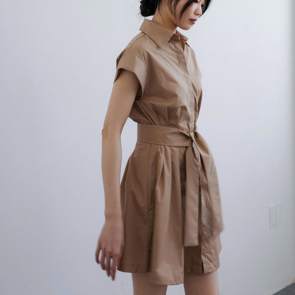IVORYA - Đầm Sơ Mi Nâu Form Rộng Tay Ngắn Thanh Lịch - YD9764