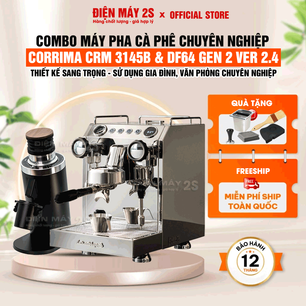 [HCM-Có VAT] Combo Máy Pha Cà Phê Corrima CRM 3145B Và Máy Xay Cà Phê DF64 Gen 2 Ver 2.4 Lưỡi Dao Re