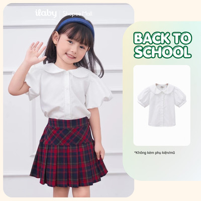 Áo sơ mi bé gái ILABY áo sơ mi đi học phối ren và cổ nẹp tay nhún phồng chất thô cotton [2916]
