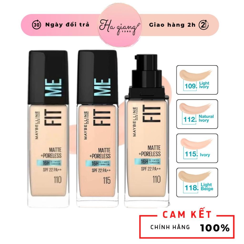 Kem nền Maybelline Fit Me Matte And Poreless Foundation 30ml Tone 110, 112, 115, 118, 120