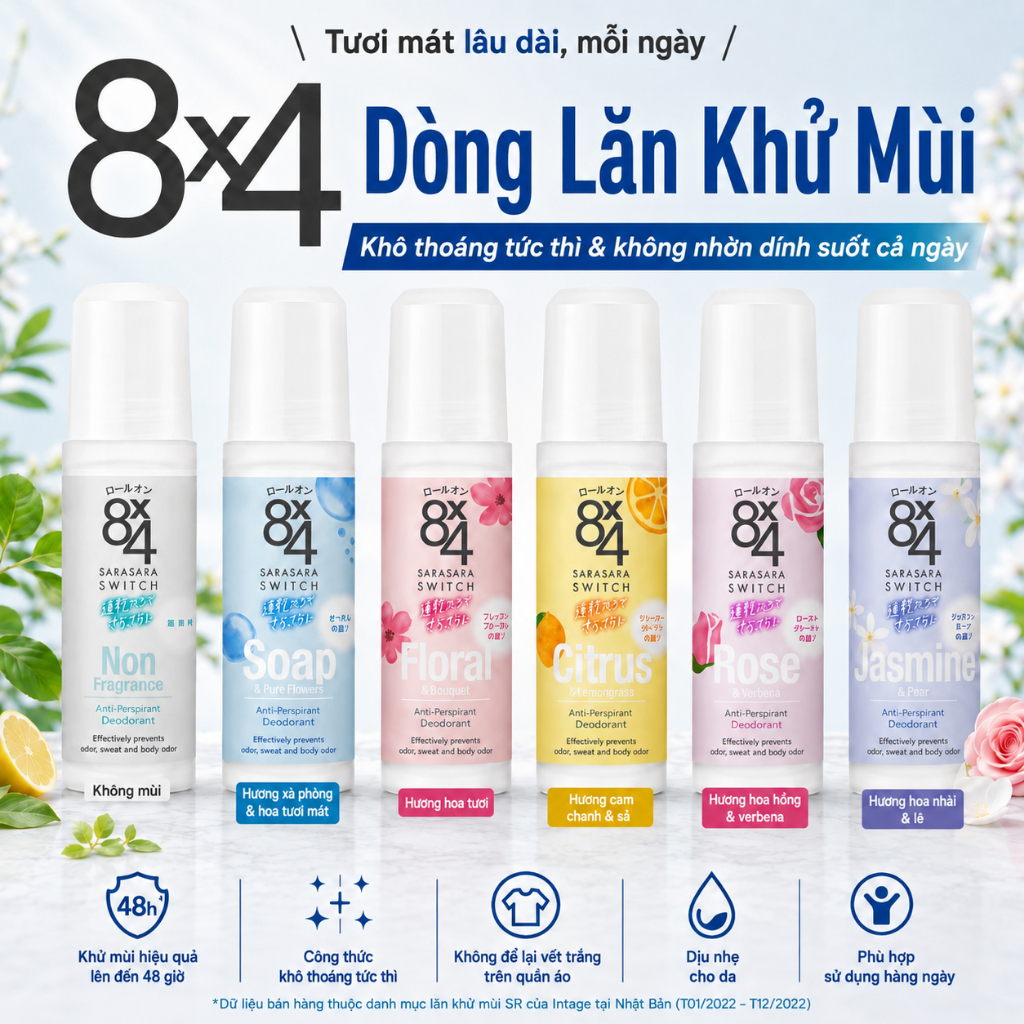 Lăn Khử Mùi 8x4 Hương Hoa Hồng & Cỏ Roi Ngựa 45ml/ 8x4 Roll-On Deodorant with Rose & Verbena Fragran