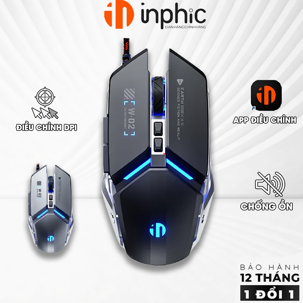 Chuột có dây gaming INPHIC W2PRO silent chống ồn có app 7 nút bấm cho laptop máy tính có app 8800