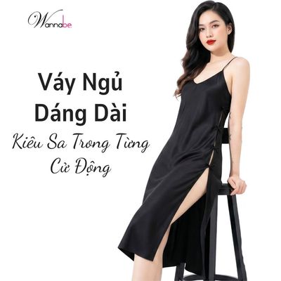 Đầm ngủ cao cấp WANNABE váy ngủ lụa dáng dài xẻ tà, mềm mịn sang trọng đính nơ quý phái DNS13