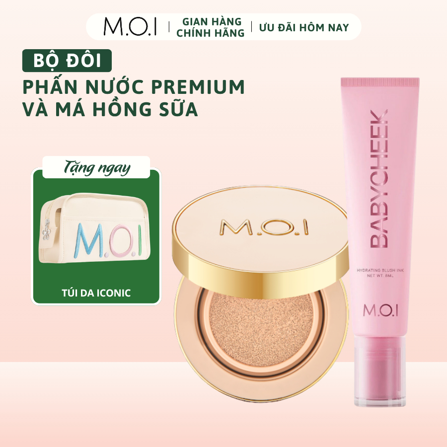 Bộ Đôi Phấn Nước M.O.I Premium Baby Skin Cushion SPF50 PA+++ Và Má Hồng Sữa M.O.I Baby Cheek 14ML
