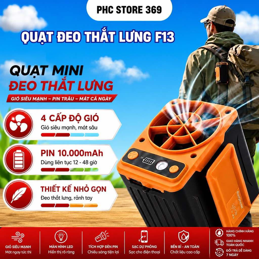 Quạt Mini Đeo Thắt Lưng Tirek F13 Pin 10000mAh, Gió Siêu Mạnh 4 Cấp, Dùng 12–48H