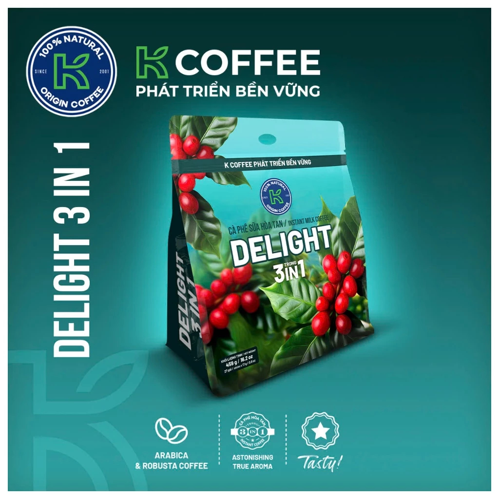 Cà phê sữa hòa tan K Coffee Delight 3in1 459g Túi 27 gói