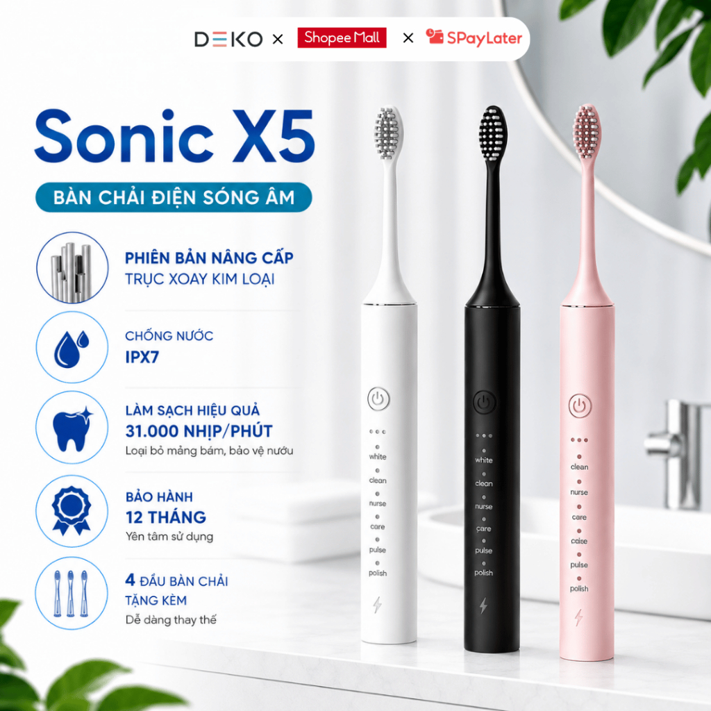 Bàn Chải Điện METIS Sonic X3 - 6 Chế Độ Làm Sạch, Đầu Bàn Chải Dupont, Kháng Nước IP-X7