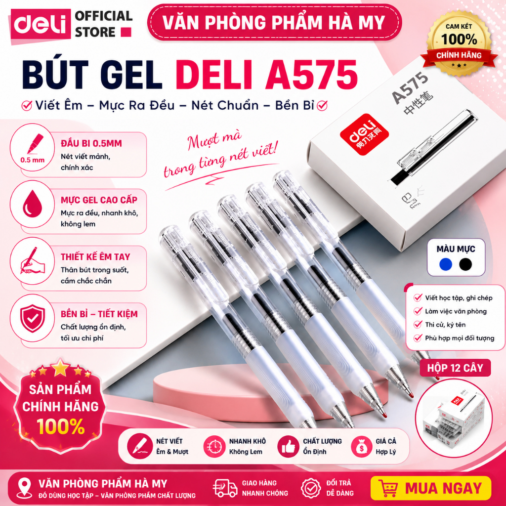 Bút Bi Nước Bút Gel Mực Bấm Deli A575 Mực Xanh/Đen Trơn Tru Ngòi 0.5mm