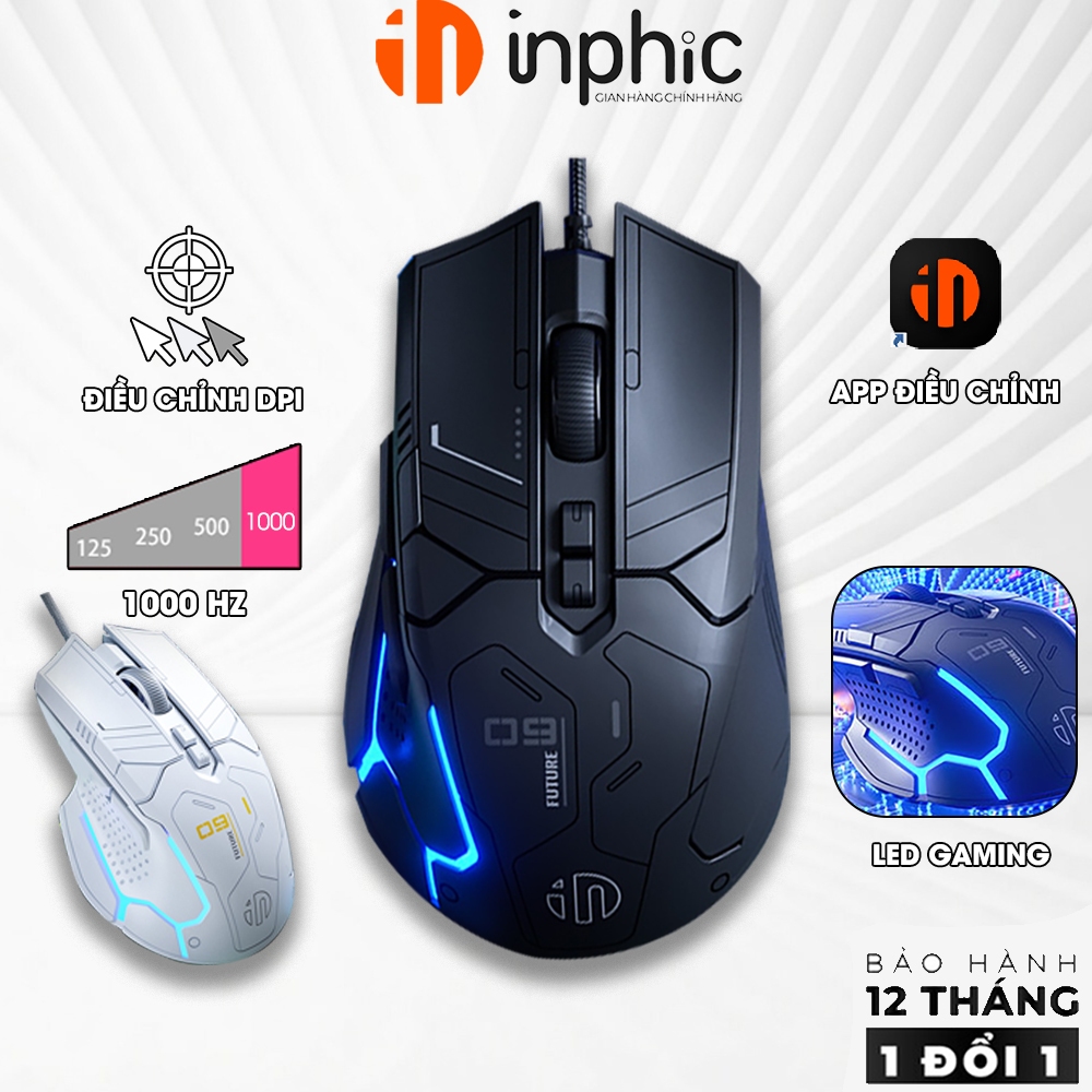 Chuôt có dây gaming INPHIC PG9 1000hz dùng cho laptop có app 6 nút bấm led RGB công thái học
