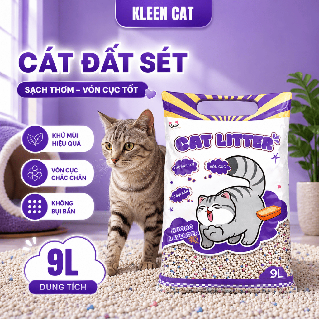 [Kleen Cat] Cát Vệ Sinh Cho Mèo Cat Litter Kleen, Cát Mèo Siêu Vón Cục túi 9L/3.8KG - CM01