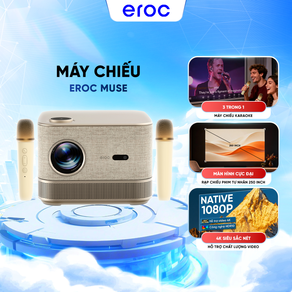 Máy chiếu Eroc MUSE Full HD Độ sáng 1500 ANSI 40000 Lumens Tương thích Netflix, Tự Động Lấy Nét - 1 Đổi 1 trong 1 năm