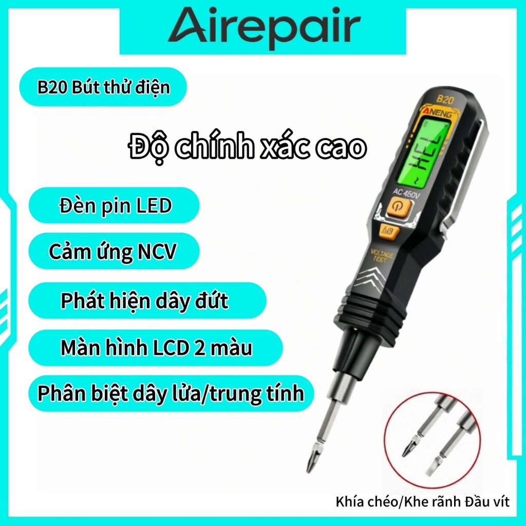 Airepair Bút thử điện thông minh ANENG B20 Màn hình LCD 2 màu,đo điện áp AC 450V,cảm ứng NCV không t