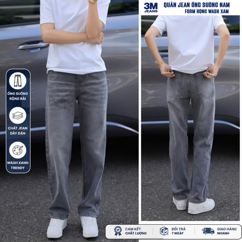 Quần Jean Đen Nam Ống Rộng DW01,Dáng Suông Chất Vải Dày Dặn Màu Wash Xám Trầm SMOKE V.1 - 3M Jeans
