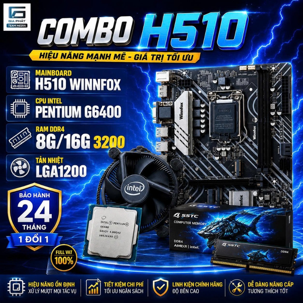 Combo Main H510 Winnfox | CPU G6400 | Ram 8G 16G 3200 | Tản zin 1200 - Bảo hành 24 tháng giá thợ
