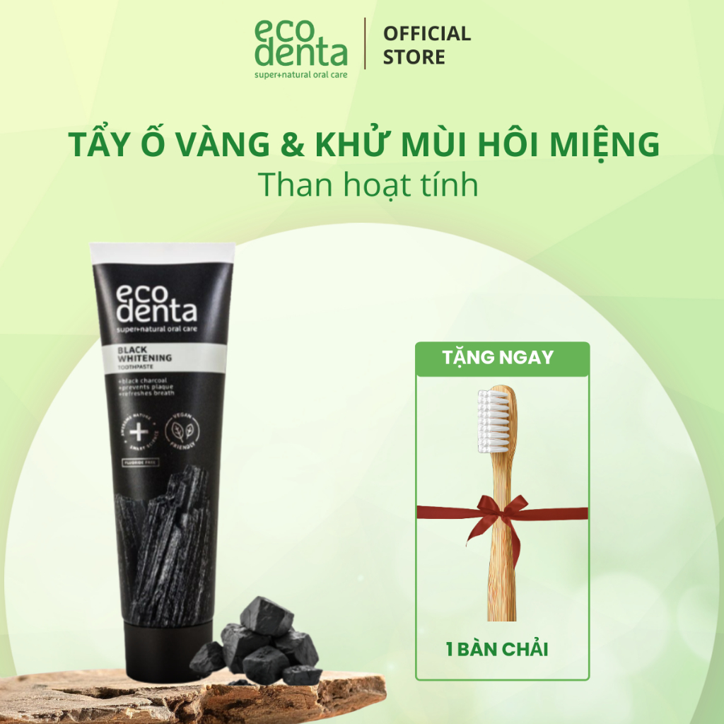 [ HỎA TỐC- Mua là có quà] Kem đánh răng Ecodenta làm trắng răng với than hoạt tính đen 100 ml
