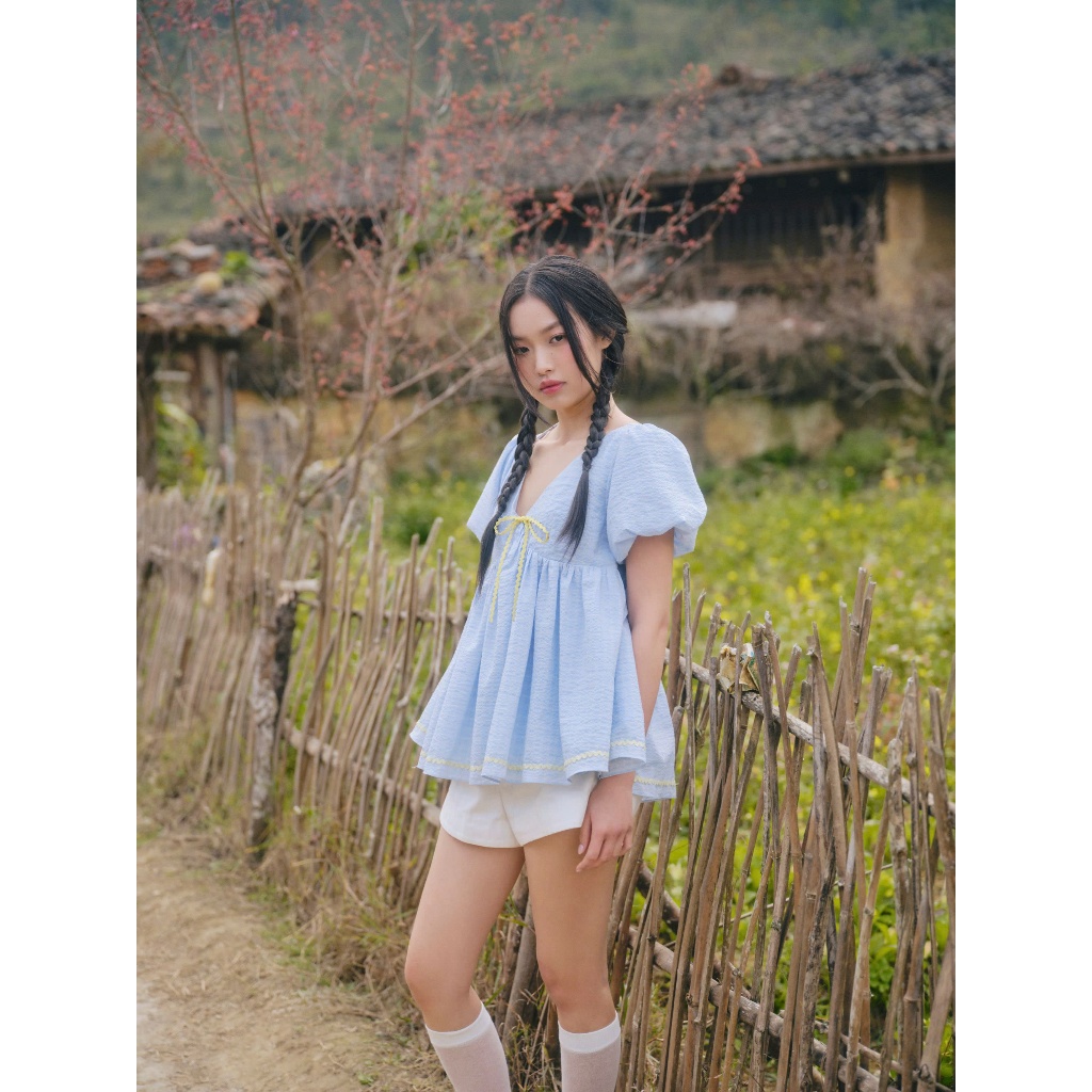 Áo OLV babydoll tay phồng pastel Blue Bow Puff Sleeve Vneck Top phù hợp đi chơi đi biển | BigBuy360 - bigbuy360.vn