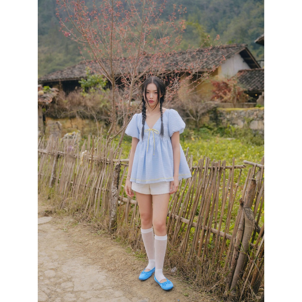 Áo OLV babydoll tay phồng pastel Blue Bow Puff Sleeve Vneck Top phù hợp đi chơi đi biển | BigBuy360 - bigbuy360.vn
