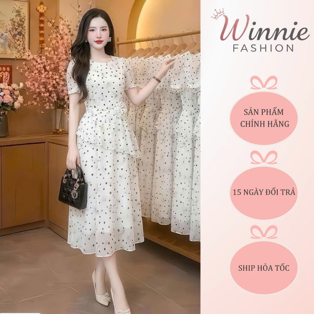 (DVC CHÍNH HÃNG) DS6262 Váy tơ trắng thiết kế chấm bi đính hoa eo thủ công, peplum che bụng tôn dáng
