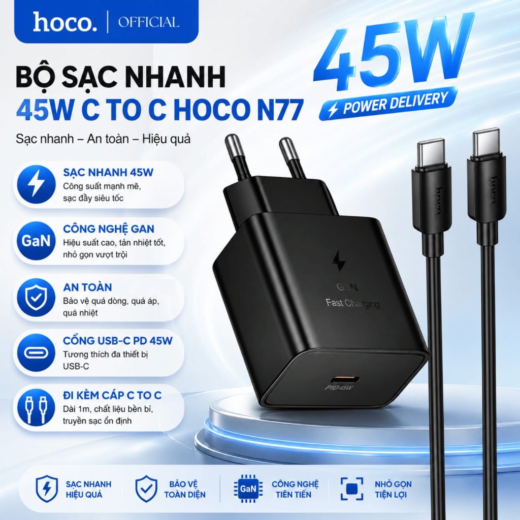 Bộ sạc nhanh PD 45W dây C to C Hoco N77 cao cấp màu đen